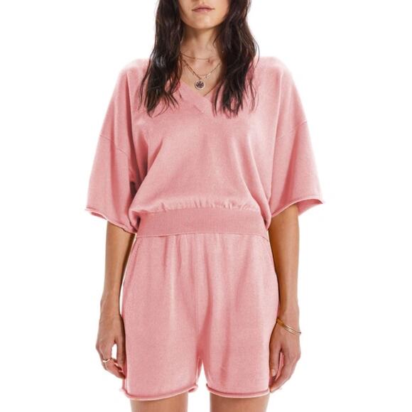 New MOTHER The Short Sleeve V-Neck Boxy Crop Sweater Rose Sharon Women's Size L - Picture 1 of 11